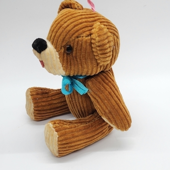 Vintage mini Corduroy bear ornament tan with blue bow moveable - Picture 3 of 13